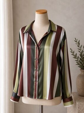 Zara Striped Satin Button-Up Blouse in Olive, Brown & White